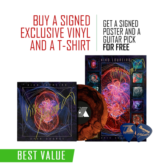 Signed Vinyl and T-shirt bundle Open Source (get a signed poster and a guitar pick for free) - Kiko Loureiro